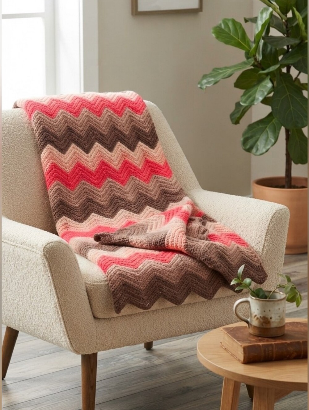 NEW Handmade Chevron Crochet Afghan Blanket Pink Brown Ripple Throw 32x60
